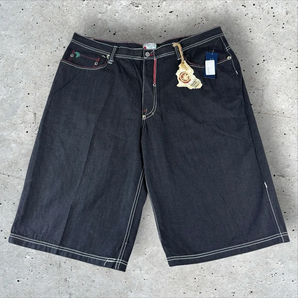 VTG‎ Enyce Shorts Mens 44 Baggy Wide Leg Jean Denim Africa Nations Black Y2K NWT